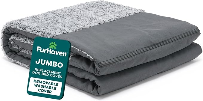 Furhaven Replacement Dog Bed Cover Two-Tone Faux Fur & Suede L Shaped Chaise, Machine Washable - Stone Gray, Jumbo (X-Large)