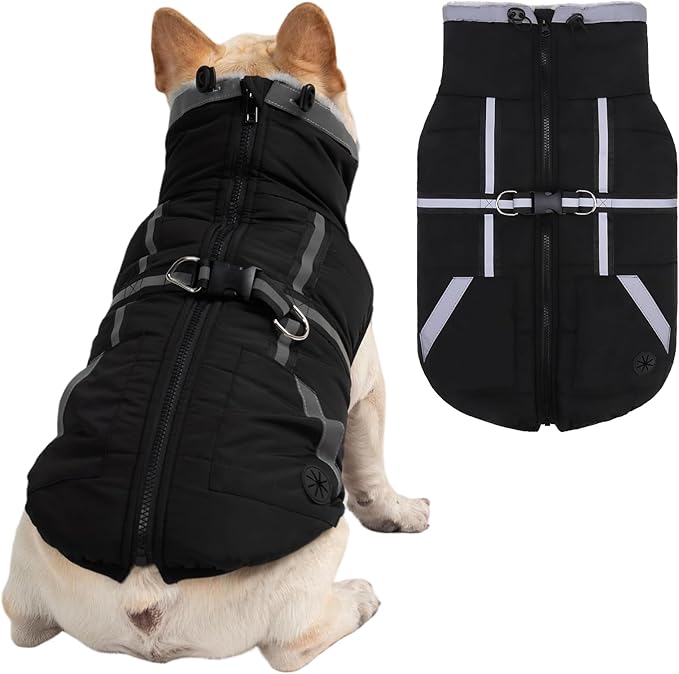 Mihachi Dog Snow Jacket Waterproof Dog Coat with Harness Built in,Thick Fleece Lined & Pockets,Turtleneck Warm Winter Jacket for Small Dogs Reflective Fleece Vest with Zipper,Snowsuit Outfit, Black S