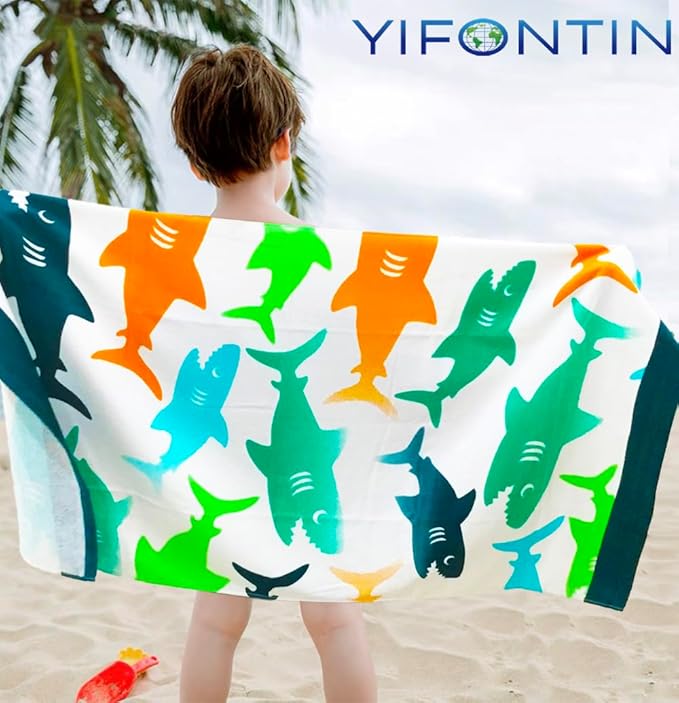 YIFONTIN Kids Beach Towel Super Soft Absorbent Cotton Velour Terry Blanket Throw 24"X48" for Bath Travel Camping Picnic Swimming Pool, Shark Group.