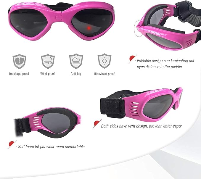 Enjoying Dog Sunglasses Medium Breed, Dog Goggles UV Protection, Cycling Eye Protection for Medium-Small Dogs, Outdoors Breathable Windproof Dustproof Anti-Fog, Adjustable Straps, Heart Pink