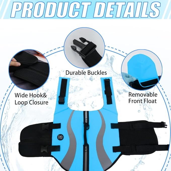 EMUST Dog Life Vests, Adjustable Dog Life Jacktets for Boat with Front Float, High Visibility Life Vests for Dogs, Medium Dog Life Jacket Safety Swimsuit, Blue,M