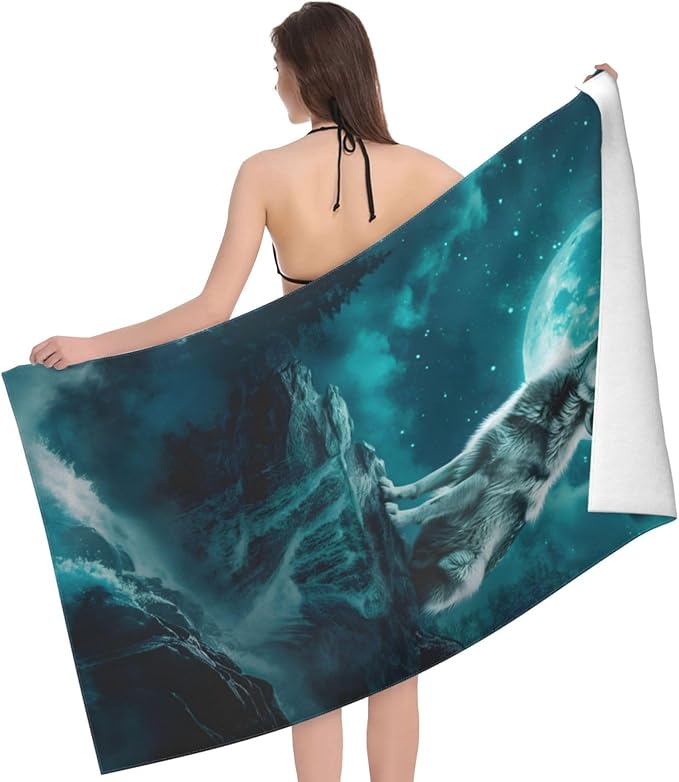 Howling Wolf Moon Beach Towel Animal Sand-Free Microfiber Bath Towel Ultra Soft Quick Dry Pool Towel Absorbent Towel Lightweight Towel Gifts for Outdoor Bathroom Swimming Decor 31inx51in