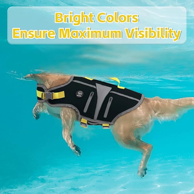 EMUST Dog Life Jacket, Reflective Dog Life Vest for Swimming with 4 Pockets, High Buoyancy Small Medium Large Dog Floating Vest with Reinforced Rescue Handle, Black, XS