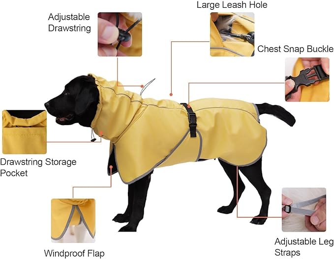 DELIFUR Large Dog Raincoat Waterproof - Adjustable Dog Poncho Raincoat Lightweight Rain Jacket with Soft Lining for Medium Large Dog Yellow (Large)
