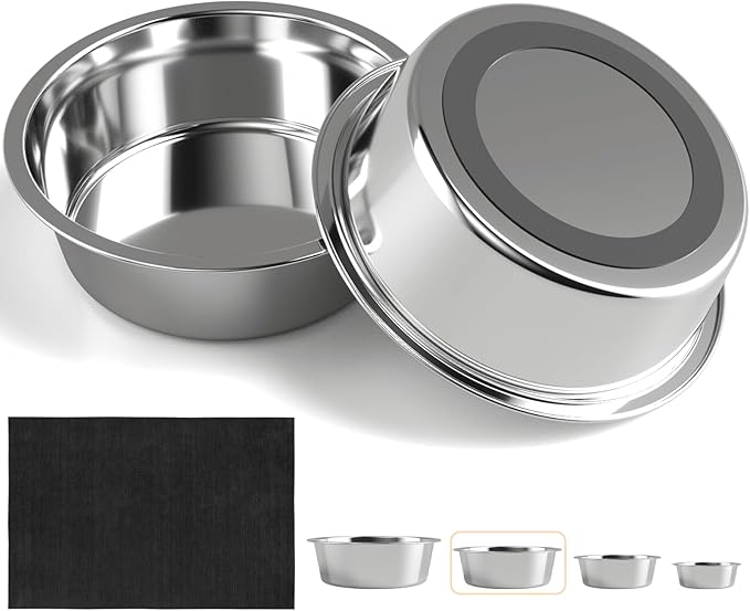 Dog Bowls, 2 Stainless Steel Dog Bowl with Mat, Dog Bowls with Nonslip EVA Rubber Bottom Ring, Food & Water Bowl for Dogs, Cats, A Variety of Sizes are Available, Dishwasher Safe