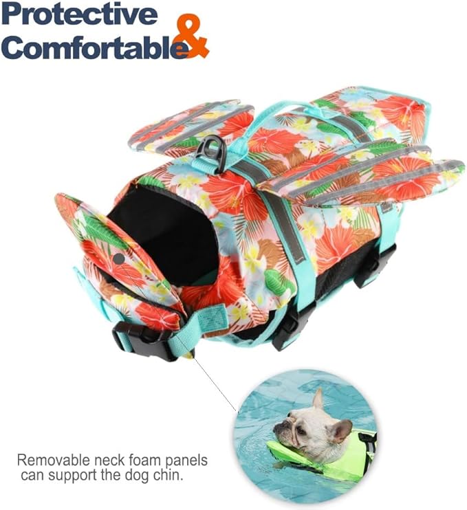 Dog Life Jacket, Wings Pet Life Vest for Swimming Boating Reflective Dog Flotation Swim Vest with Handle and Chin Float for Small Medium Large Size Dogs, XL, Floral Orange
