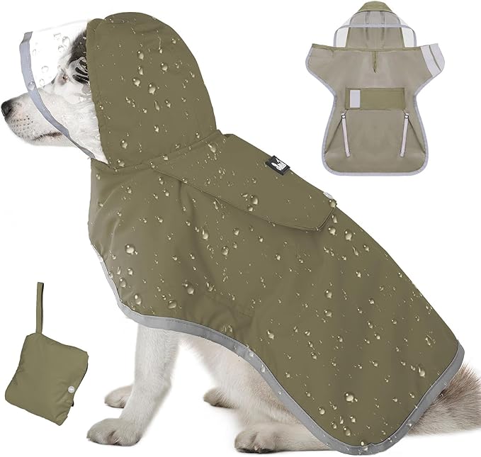 Lukovee Dog Raincoat - Lightweight Hooded Dog Rain Coat for Large Medium Small Dogs, Adjustable Poncho Jacket with Reflective Stripes & Built-in Storage Pocket (Green, X-Large)