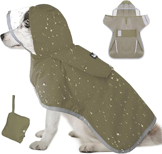 Lukovee Dog Raincoat - Lightweight Hooded Dog Rain Coat for Large Medium Small Dogs, Adjustable Poncho Jacket with Reflective Stripes & Built-in Storage Pocket (Green, 2X-Large)