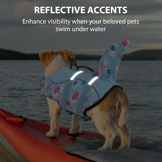 Queenmore Shark Dog Life Vest for Swimming, Dog Life Vests for Boating, High Buoyant Dog Life Jacket, Ripstop High Flotation Swimsui for Small, Medium, Large Dogs (Blue Ice Cream,XS)