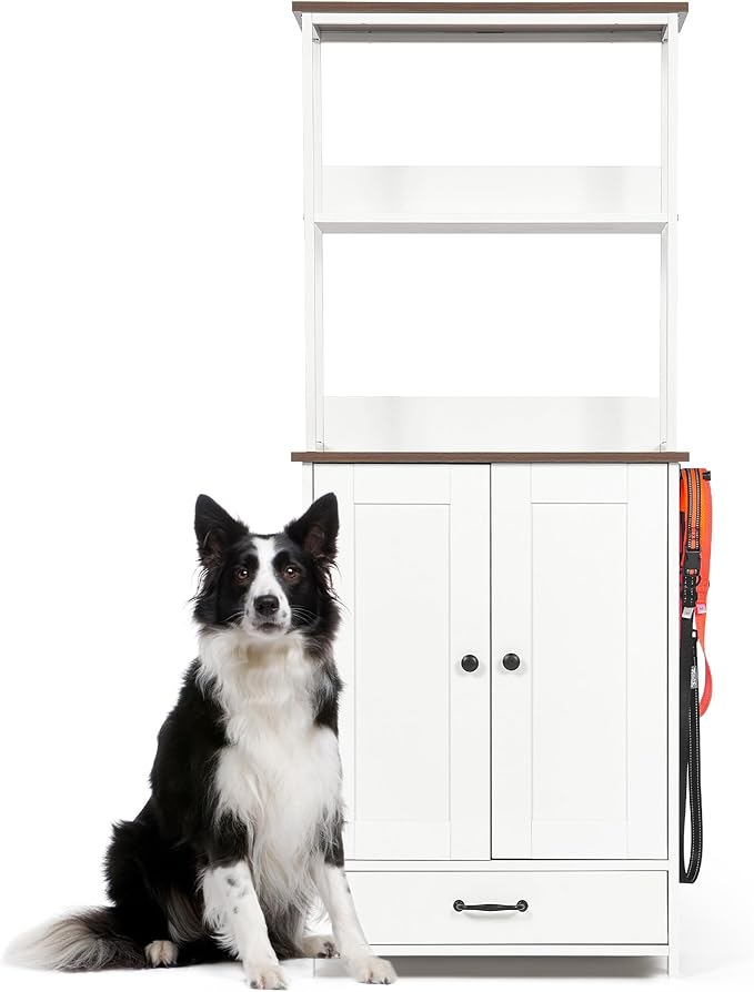 Echo Voyage Pet Feeding Station with Bowls, Adjustable Panel with Storage Function Pet Feeder Station for Dogs Cats for Feeding & Watering Supplies, Dog Feeding Station with 2-Level Shelving, White