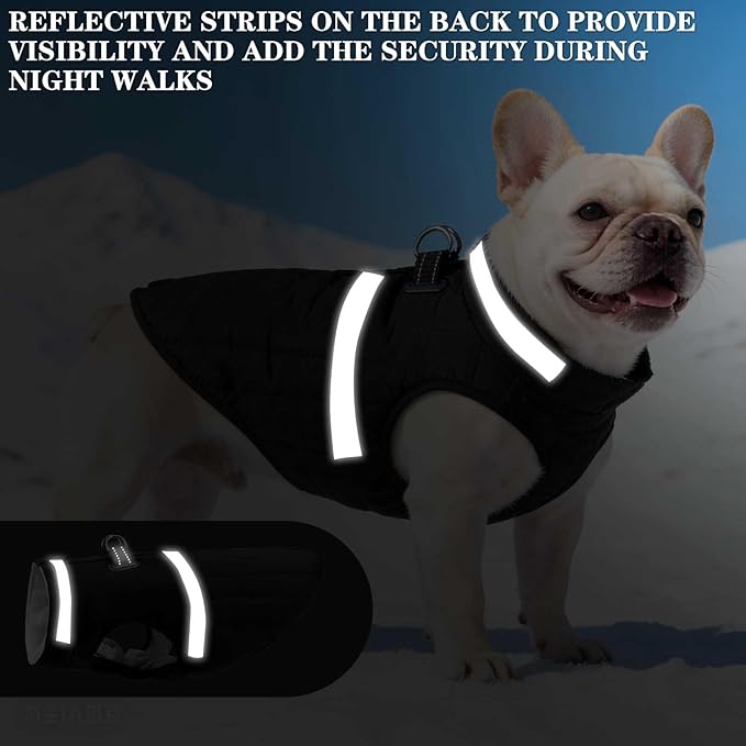 EXPAWLORER Dog Winter Coat Jacket, Thick Warm Waterproof Reflective Puppy Snowsuit with Harness Buit in, Pet Fleece Vest Soft Turtleneck with Zipper Cold Weather for Small Medium Dogs - Black, L