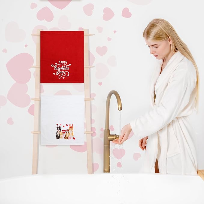 Whaline Valentine's Day Hand Towels Dog Love Heart Embroidered Cotton Bathroom Towel Absorbent Bath Towel for Hand Drying Cleaning Cooking, 29.5 x 13.7 Inch, 2Pcs