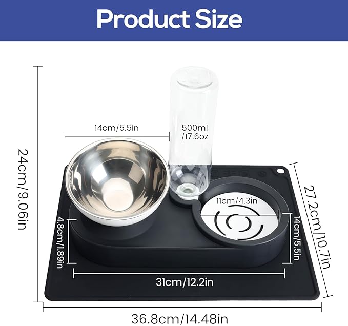 Raised Dog Cat Food Bowl, Cat Food and Water Bowl Set with Water Dispenser, Stainless Steel Bowls and Feeding Mat, Food Feeding Dishes for Indoor Cats and Small Dogs, Black