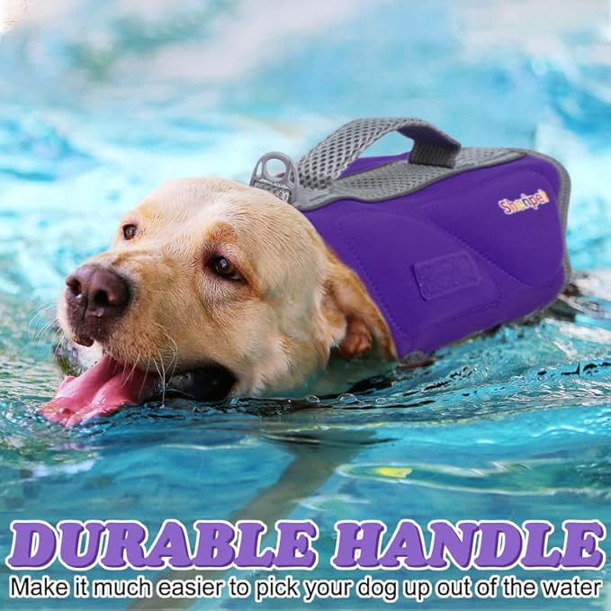 Dog Life Jacket for Medium Dogs, Good Visibility Reflective Dog Lifes Vest for Boating Swimming with Rescue Handle, Adjustable Pet High Flotation Swim Preserver Vest, Medium