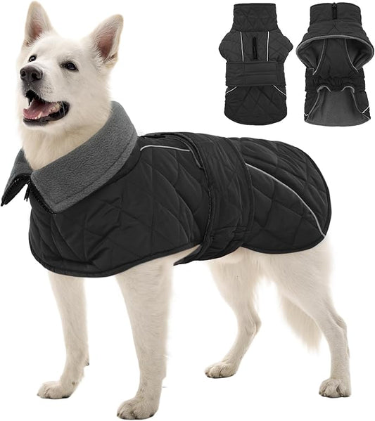 Kuoser Dog Coat, Super-Warm Dog Jacket Windproof Pet Cold Weather Coats for Extra Large Dogs, Fleece Lining Quilted Turtleneck Puppy Snowsuit Reflective Adjustable Doggie Winter Clothes, Grey, 2XL