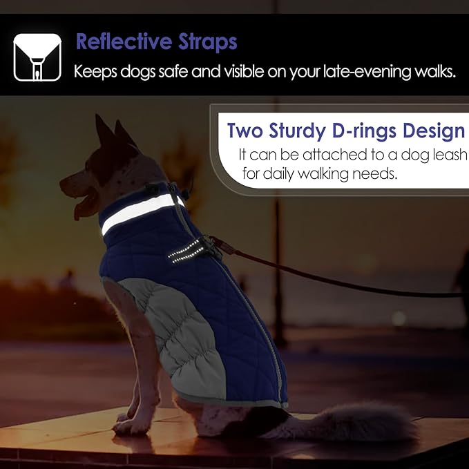 AOFITEE Dog Coat, Warm Dog Jackets for Large Dogs, Reflective Turtleneck Dogs Winter Coat with Harness Built in, Waterproof Windproof Pet Snow Jacket Fleece Vest for Cold Weather, Blue XXL