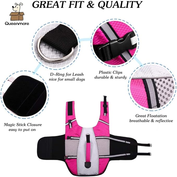 Queenmore Dog Life Jacket Swimming Vest Small Medium Dogs Neoprene Water Boating Life Preserver Lightweight Reflective Cat Puppy Kayaking Lifesaver for French Bulldog,Dachshund,Shih Tzu,Pug(Pink,M)