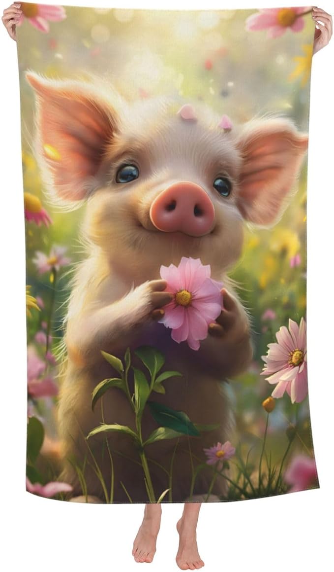 Piglet Beach Towel 31inx51in, Cute Farm Animal Sand-Free Microfiber Bath Towel Ultra Soft Quick Dry Pool Towel Absorbent Towel Lightweight Towel for Swimming Bathroom Decor