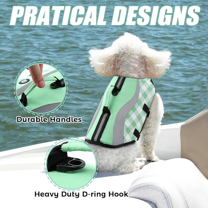 EMUST Dog Life Vests, Adjustable Dog Life Jackets for Small Dogs with Enhanced Buoyancy, Small Swim Vest with Durable Rescue Handle, Turquoise Check, XS