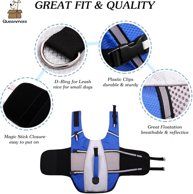 Dog Life Jacket Swimming Vest Lightweight High Reflective Pet Lifesaver with Lift Handle, Leash Ring Blue,XS