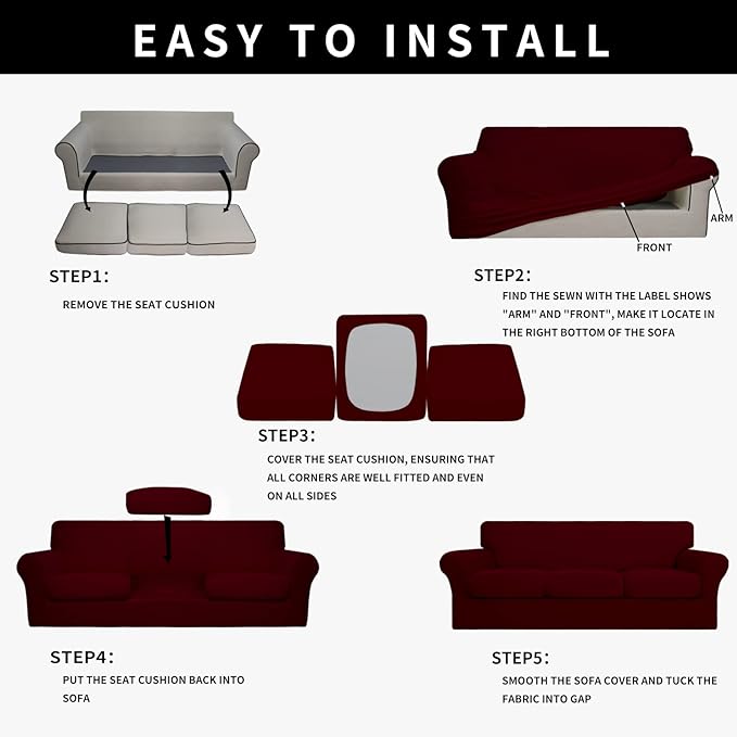 Easy-Going 100% Dual Waterproof 4 Pieces Stretch Soft Couch Cover for Dogs, Sofa Slipcover for 3 Separate Cushion Couch Leakproof Furniture Protector for Kids, Pets Wine
