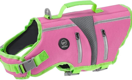 EMUST Dog Life Jacket, Lightweight Reinforced Dog Swim Vest for Small Medium Large Dogs with Pockets, Reflective Pet Float Coat Lifesaver for Boating Swimming Pool, Pink, M