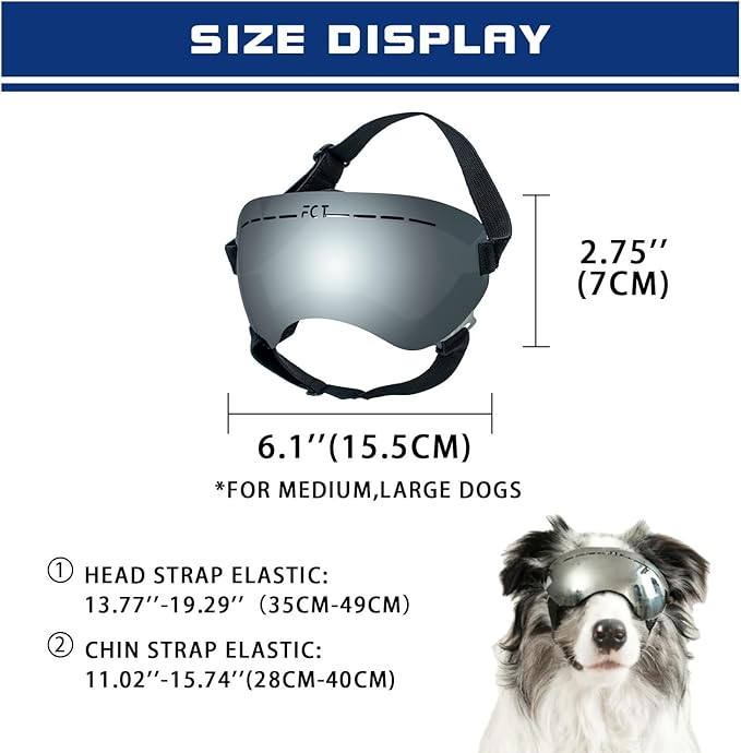 Dog Goggles UV400 Protection,Ski Goggles for Large Breeds with Adjustable Strap, Dog Sunglasses with Comfort-Focused Frameless Design - UV-Resistant/Windproof/Snowproof for Running,Cycling (Sliver)