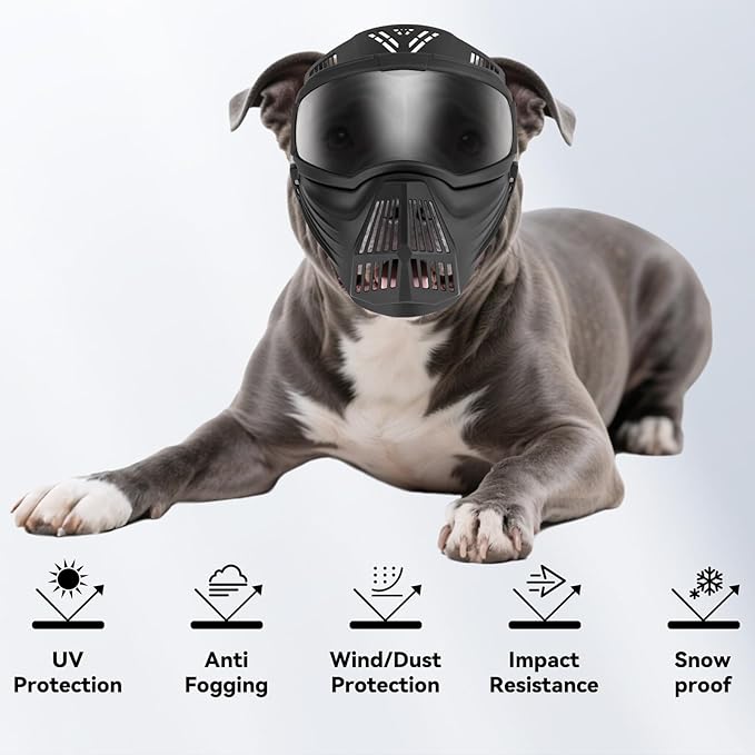 Namsan Large Dog Goggles with Basket Muzzle, Breathable, Full Face Protective, Dog Sunglasses with Mouth Cover for Medium to Large Dogs, Adjustable, Black