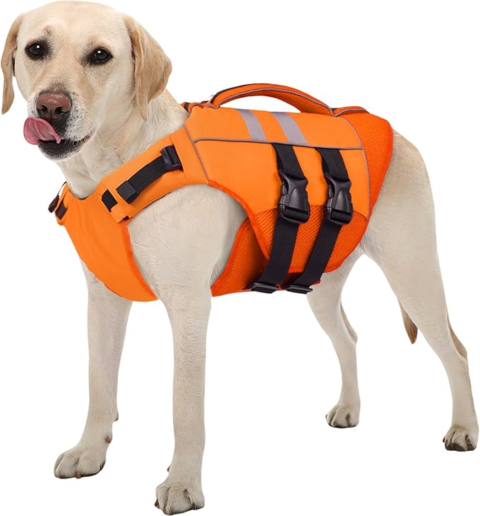 Kuoser Dog Life Jacket Large, High Flotation Puppy Safety Vest for Swimming Boating, Reflective Water Vest Pet Life Preserver with Rescue Handle, Orange L