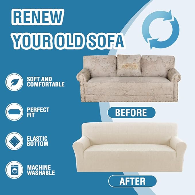 H.VERSAILTEX Jacquard Couch Covers for 3 Cushion Couch 1 Piece Stretch Sofa Covers Furniture Protector Anti-Slip Soft Thickened Dogs Slipcovers Washable Crizzle Pattern(Sofa, Ivory)