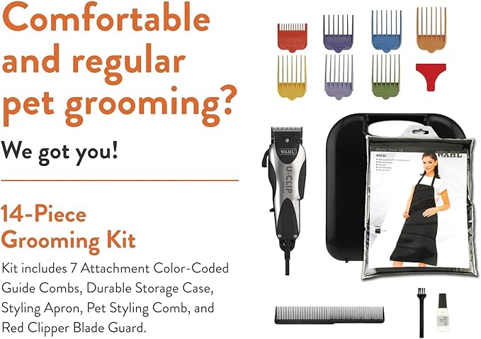 Wahl Pro Animal Deluxe U-Clip - Dog & Cat Trimmer with 3 Cutting Lengths & 7 Attachment Combs - Premium Grooming Tools for Light & Medium Coats - Black & Chrome