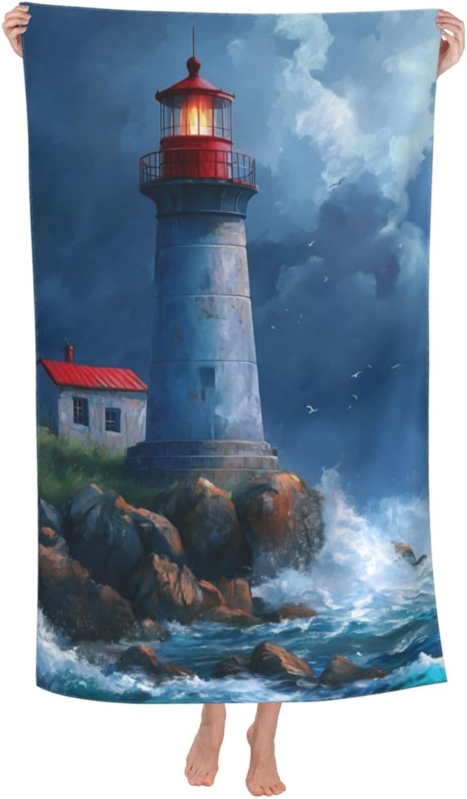 Coastal Lighthouse Beach Towel 31inx51in, Ocean Sand-Free Microfiber Bath Towel Ultra Soft Quick Dry Pool Towel Absorbent Towel Lightweight Towel for Swimming Bathroom Decor