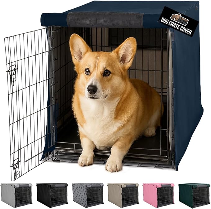 GORILLA GRIP Dog Crate Covers Compatible with Amazon Basics Dog Crates, All Sides Open, Privacy Cover Fits 30" Wire Kennel, Breathable Mesh Windows, Light Reducing Puppy Training Cage Topper, Navy