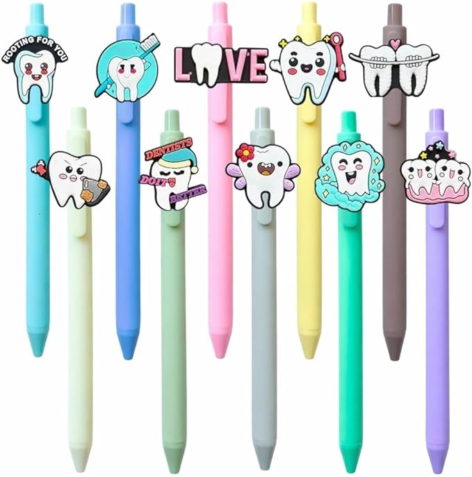 10PC Dental Pens Smiling Teeth Tooth Oral Health Dentist Hygienist Student Assistant DA Must Haves Molar Hygiene Office Supplies Bulk Appreciation Week Accessories Gifts For Staff Employee Coworkers
