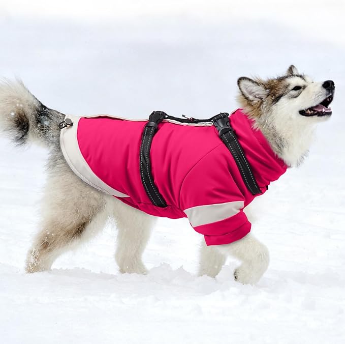 MIGOHI Ultra Thick Dog Jacket,Reflective Medium Dog Coat with Harness Built in,Warm Pet Winter Coat Zip Up Puffer Jacket with Furry Collar for Medium Dogs with Legs Outdoor Adventure,L,Rosered