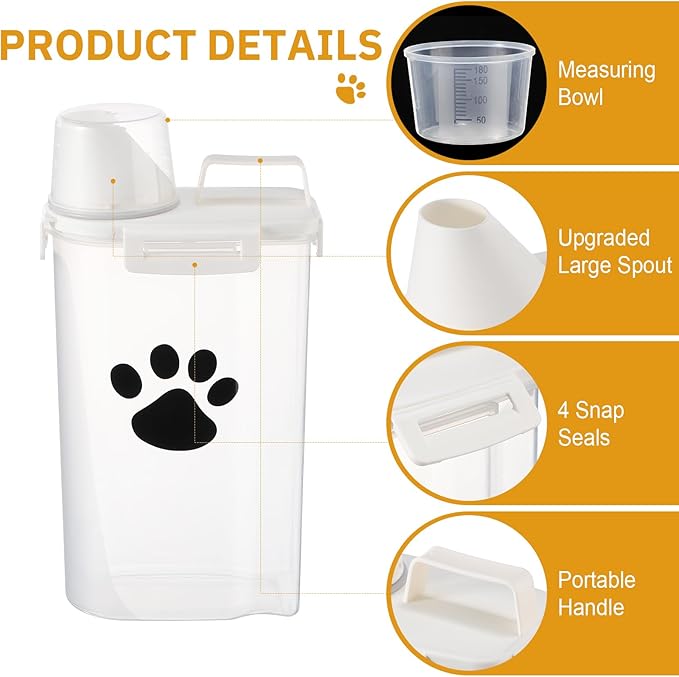 2 Pack Upgraded Dog Food Storage Container with Measuring Cup, Portable Pet Food Containers with Upgraded Large Spout and Cup for Dogs, Cats, Birds, Small Animals (Cream)