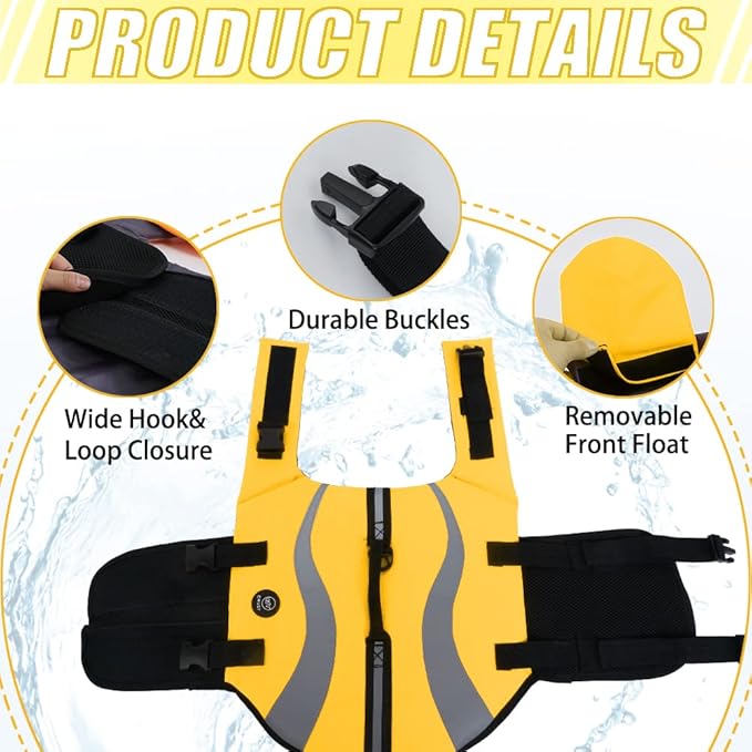 EMUST Dog Life Vests, Adjustable Life Jackets for Small Dogs with Enhanced Buoyancy, Small Dog Swim Vest with Durable Rescue Handle, Yellow,XS