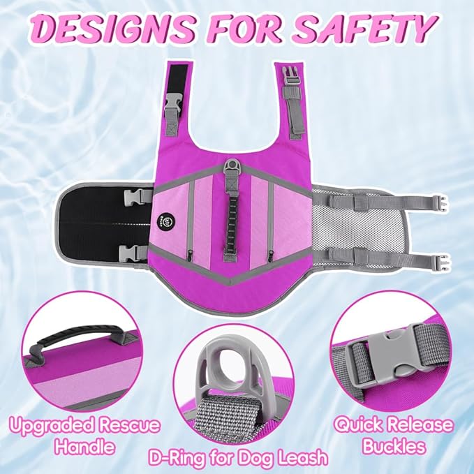 EMUST Dog Life Vests, Lightweight Dog Floating Vest with Durable Rescue Handle Quick-Release Buckles, Adjustable Pet Lifejacket with Pockets for Bulldogs, Dachshunds, Corgis, Purple, XXL