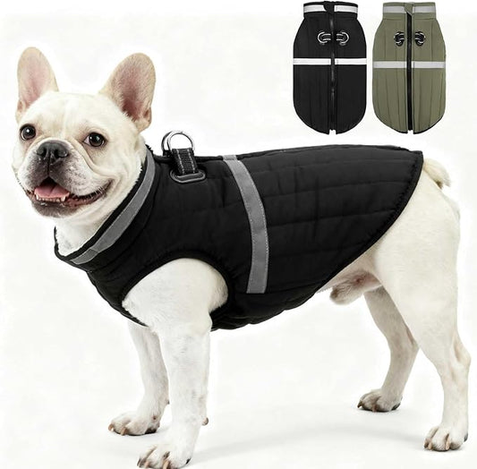 EXPAWLORER Dog Winter Coat Jacket, Thick Warm Waterproof Reflective Puppy Snowsuit with Harness Buit in, Pet Fleece Vest Soft Turtleneck with Zipper Cold Weather for Small Medium Dogs - Black, L
