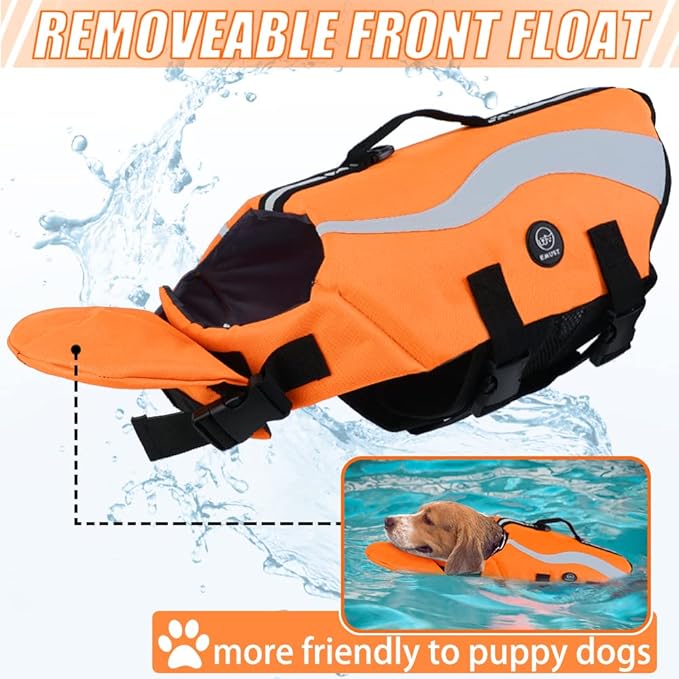 EMUST Dog Flotation Vest, Reflective Life Jacket for Small Dogs with Rescue Handle, Small Dog Vests Lifesaver for Swimming Boating Water with Front Neck Float, Orange,S