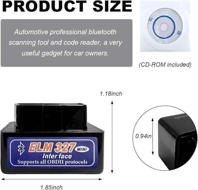 OBDII Car Auto Diagnostic Scanner, ELM327 Automotive Bluetooth Scan Tool and Code Reader, Professional Car Bluetooth Engine Fault Code Reader, Universal Car Accessories (Black & Blue)