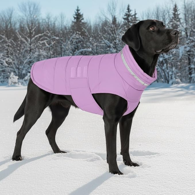 Mklhgty Waterproof Dog Coat for Medium and Large Dogs, Warm Dog Winter Jacket, Reflective Windproof Turtleneck Coats with Adjustable Hook & Loop - Lilac - L