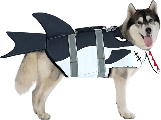 Dog Life Jacket Ripstop Pet Safety Floatation Vest Adjustable Dog Life Preserver Reflective Durable Rescue Handle Pet Lifesaver for Small Medium Large Dogs Swimming Beach Boating（Shark, M）