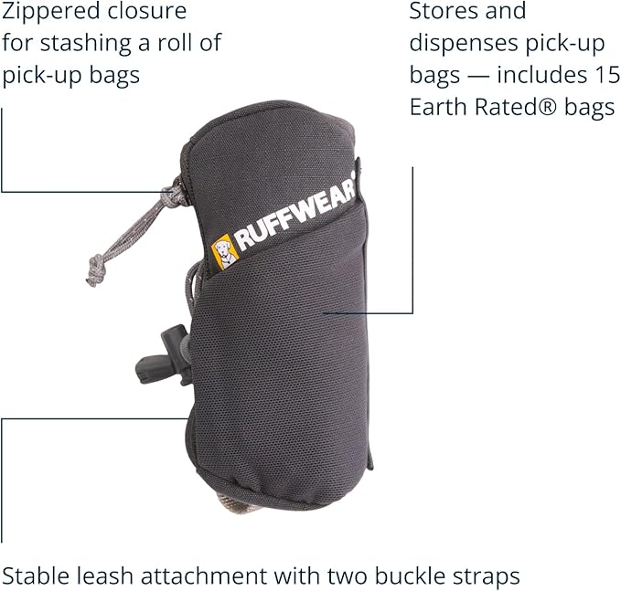 Ruffwear, Stash Bag Mini Dog Poop Bag Holder, Compact Leash Pouch with 2-Strap Attachment, Zip Pocket Fits Standard Roll, Side Slot, Grippy Starter Pad, Cinch Poop Loop, Mesh Pocket, Basalt Gray