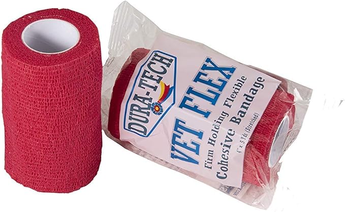Dura-Tech Vet Flex Red Bandage First Aid Wrap | for Horses, Dogs and Others | Self-Adhesive Cohesive Tape | 4” Wide and 5 Yards of Length | Package of 18 Rolls