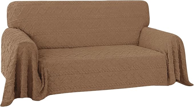 Easy-Going 80X118 inches Loveseat Sofa Cover, Jacquard Velvet Couch Slipcover for 2 Cushion Couch, L Shape Sectional Covers for Dogs, Washable Sofa Blanket, Furniture Protector for Pets, Camel