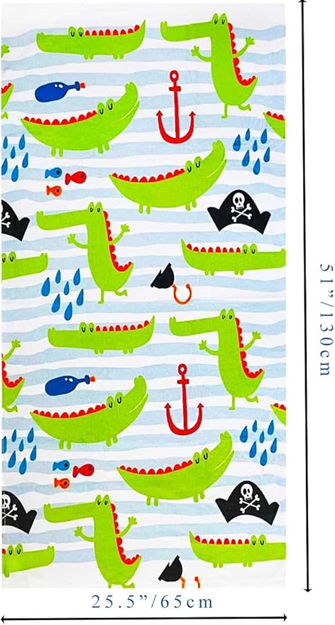 YIFONTIN Kids Beach Towel Super Soft Absorbent Cotton Blanket 25.5”X51.0” for Bath Swimming Camping, Gator Crocodile Pirate.