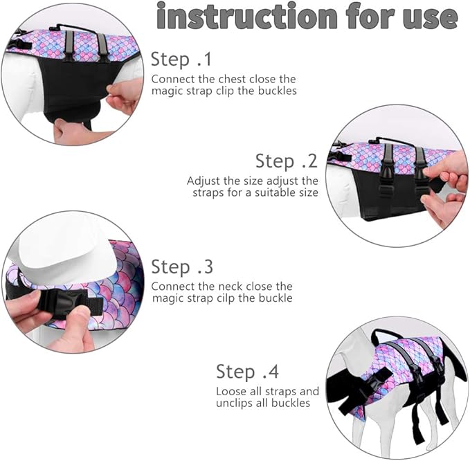 Dog Life Jacket Ripstop Pet Safety Floatation Vest Adjustable Dog Life Preserver Reflective Durable Rescue Handle Pet Lifesaver for Small Medium Large Dogs Swimming Beach Boating（Mermaid, L）