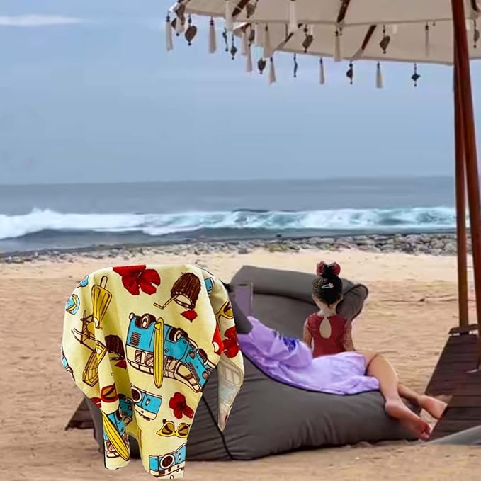 YIFONTIN 4 Pack Kids Beach Towel 100% Cotton Velour Terry Soft Absorbent Throw Blanket 25.5x51 inch Gift for Bath Swimming Pool Sports Holiday Travel, Pirates Gator Surfboard Puppy Rocket Unicorn Bus.