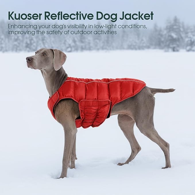 Kuoser Dog Puffer Jacket Warm Dog Coat for Extra Large Dogs, Windproof Reflective Pet Padded Vest Cold Weather Clothes Puppy Snowsuit with Hook & Loop Coats for Great Dane, Easy On/Off, Red 3XL